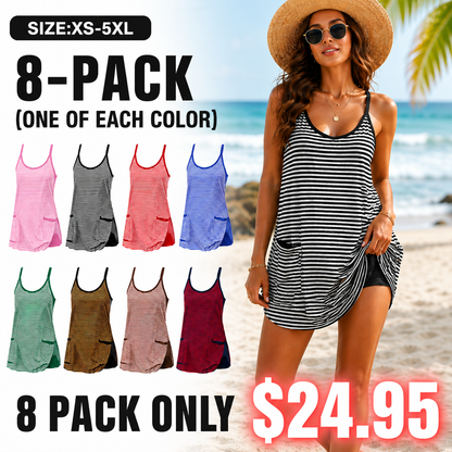 Women's Summer Athletic Mini Dress with Built-in Shorts – Sleeveless V-Neck Striped Casual Dress for Gym, Beach & Everyday Wear
