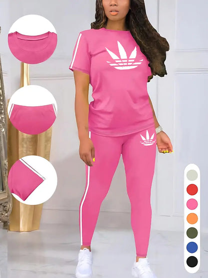 Women's Drawstring Short Sleeve and Long Pants Two-Piece Set
