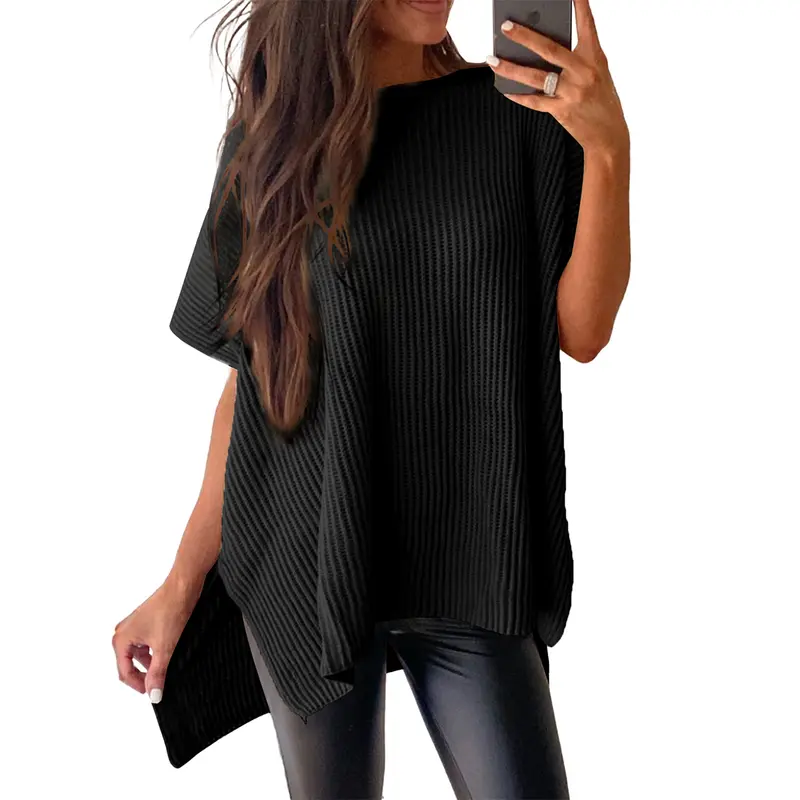 Women's Oversized Puff Sleeve Knit Pullover Round Neck Side Slit Casual