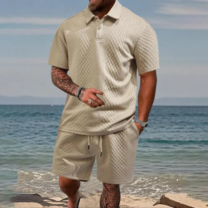 Men's Solid Polo Shirt & Drawstring Waist Shorts Set