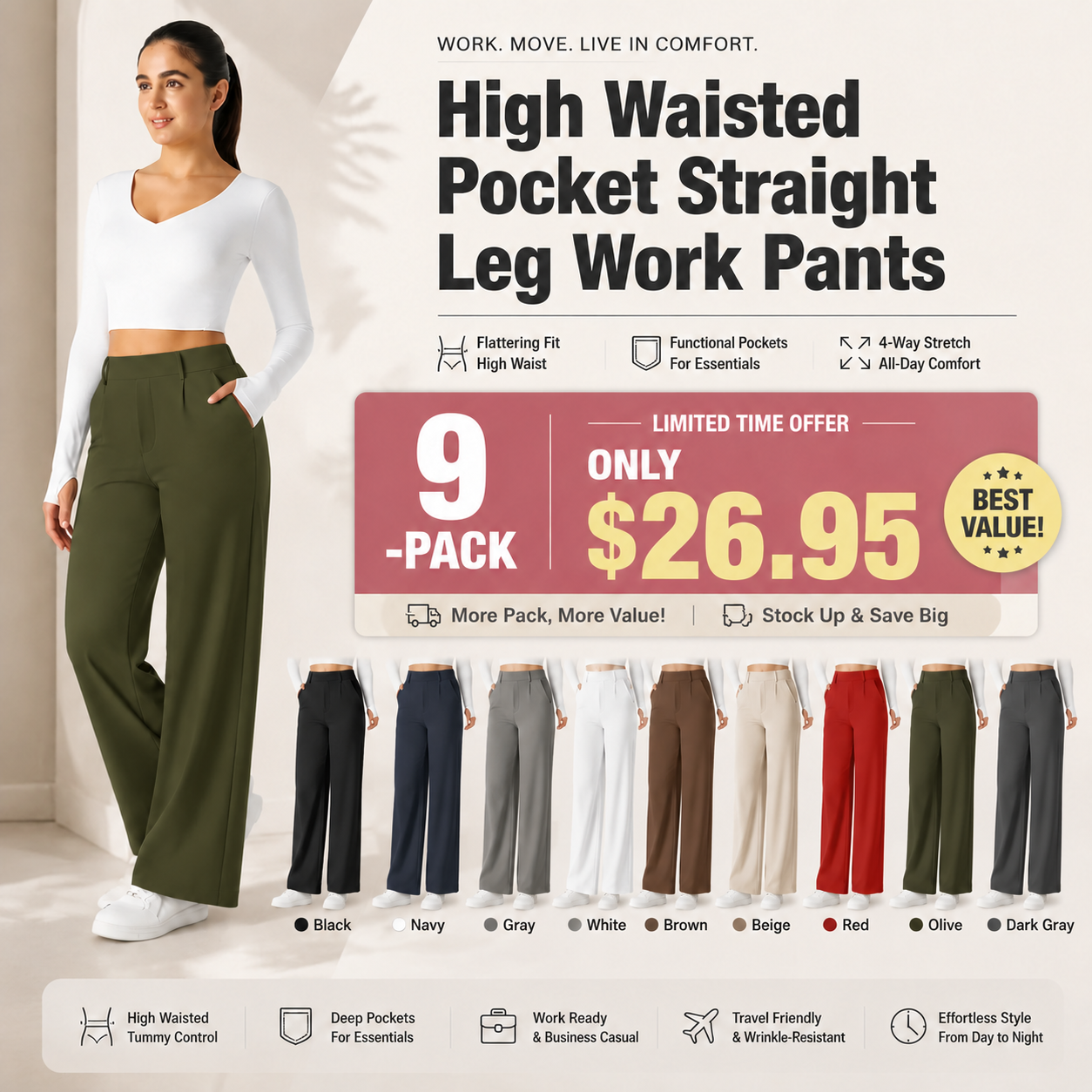 High Waisted Pocket Straight Leg Work Pants-Hidden Back Pockets