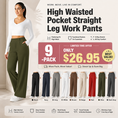 High Waisted Pocket Straight Leg Work Pants-Hidden Back Pockets