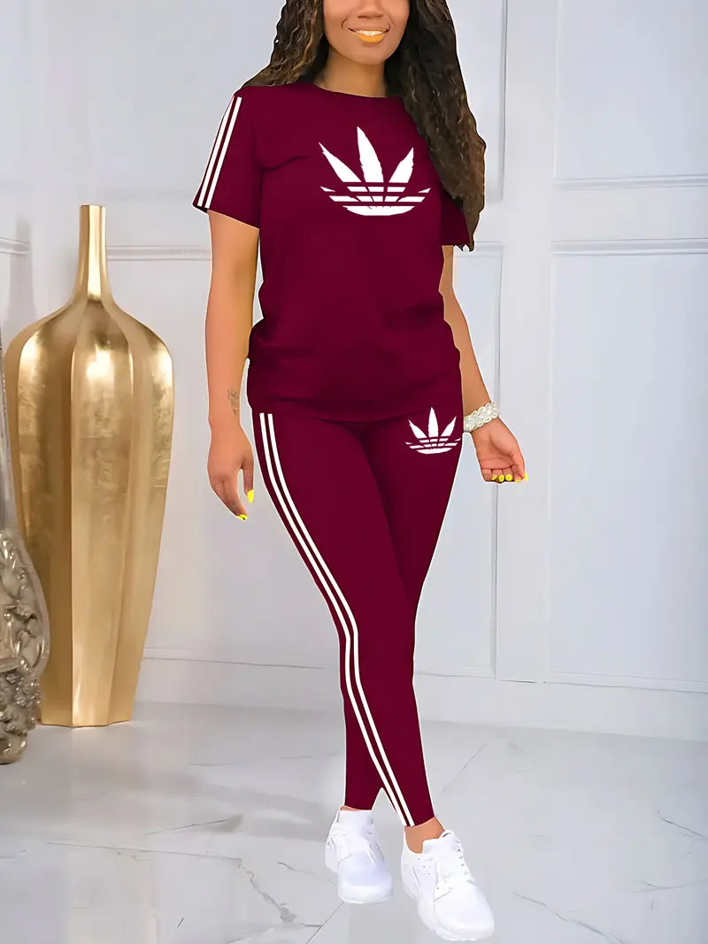 Women's Drawstring Short Sleeve and Long Pants Two-Piece Set
