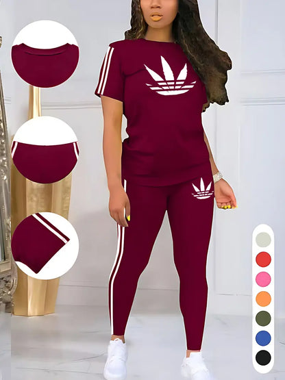Women's Drawstring Short Sleeve and Long Pants Two-Piece Set