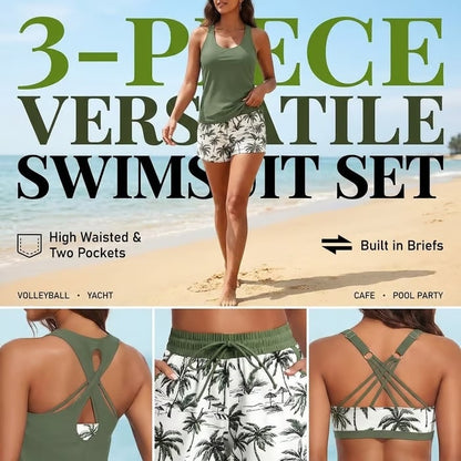 🔥BIG SALE, limited stock 🔥3 Piece Tankini Swimsuits for Women Bathing Suits with Boy Shorts and Swim Tank Top Bra Modest Swimwear