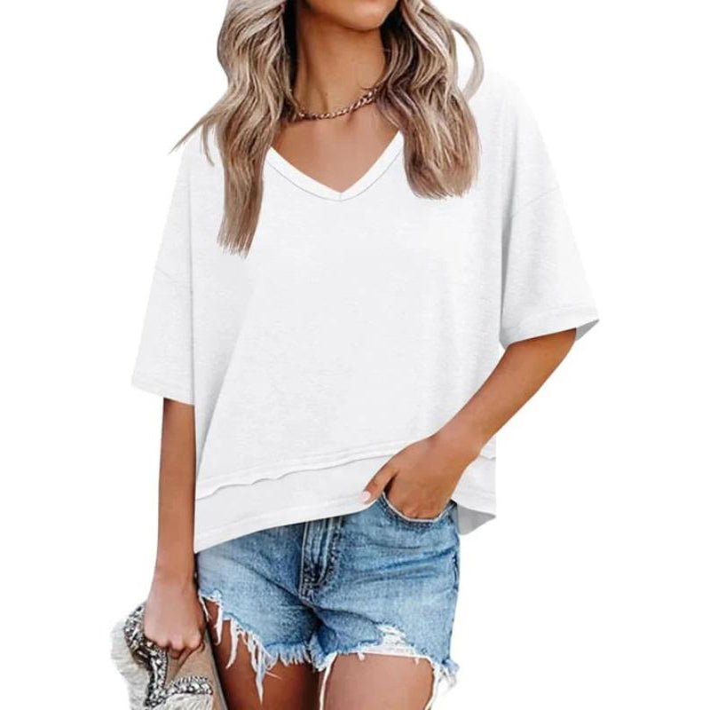 Women's V-neck Mid-length Sleeve Spliced Hem Basic Top