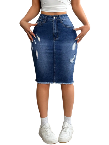 Women's Slim-Fit Ripped Denim Skirt