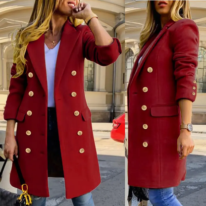 Women's Fitted Long-Sleeve Double-Breasted Wool-Blend Midi Pea Coat