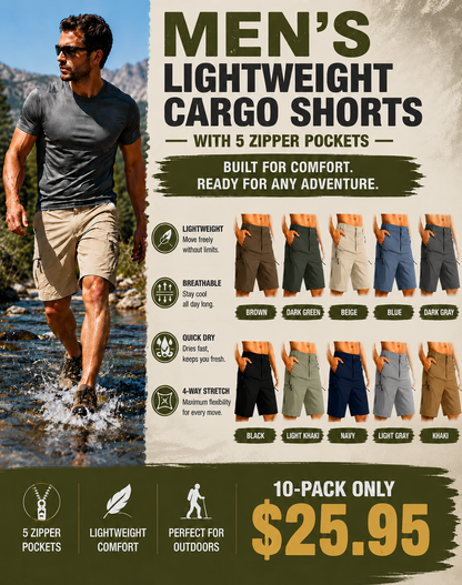 Men's Lightweight Cargo Shorts with 5 Zipper Pockets