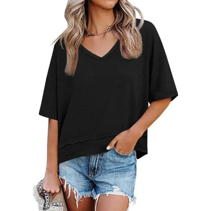 Women's V-neck Mid-length Sleeve Spliced Hem Basic Top