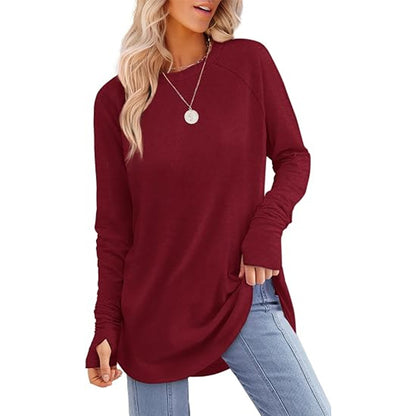 Women's Curved Hem Tunic Top with Thumb Holes