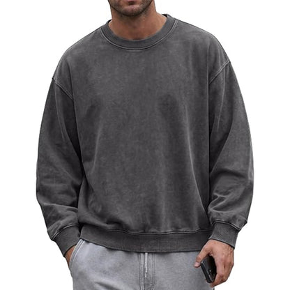 Men’s acid-wash distressed cotton long-sleeve crewneck sweatshirt T-shirts