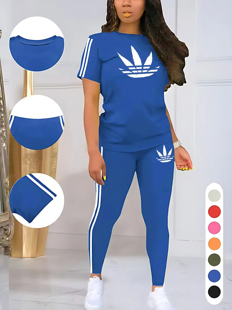 Women's Drawstring Short Sleeve and Long Pants Two-Piece Set