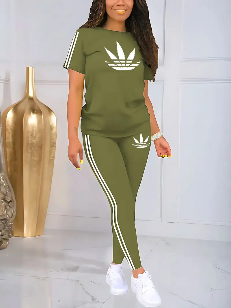 Women's Drawstring Short Sleeve and Long Pants Two-Piece Set