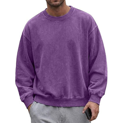 Men’s acid-wash distressed cotton long-sleeve crewneck sweatshirt T-shirts
