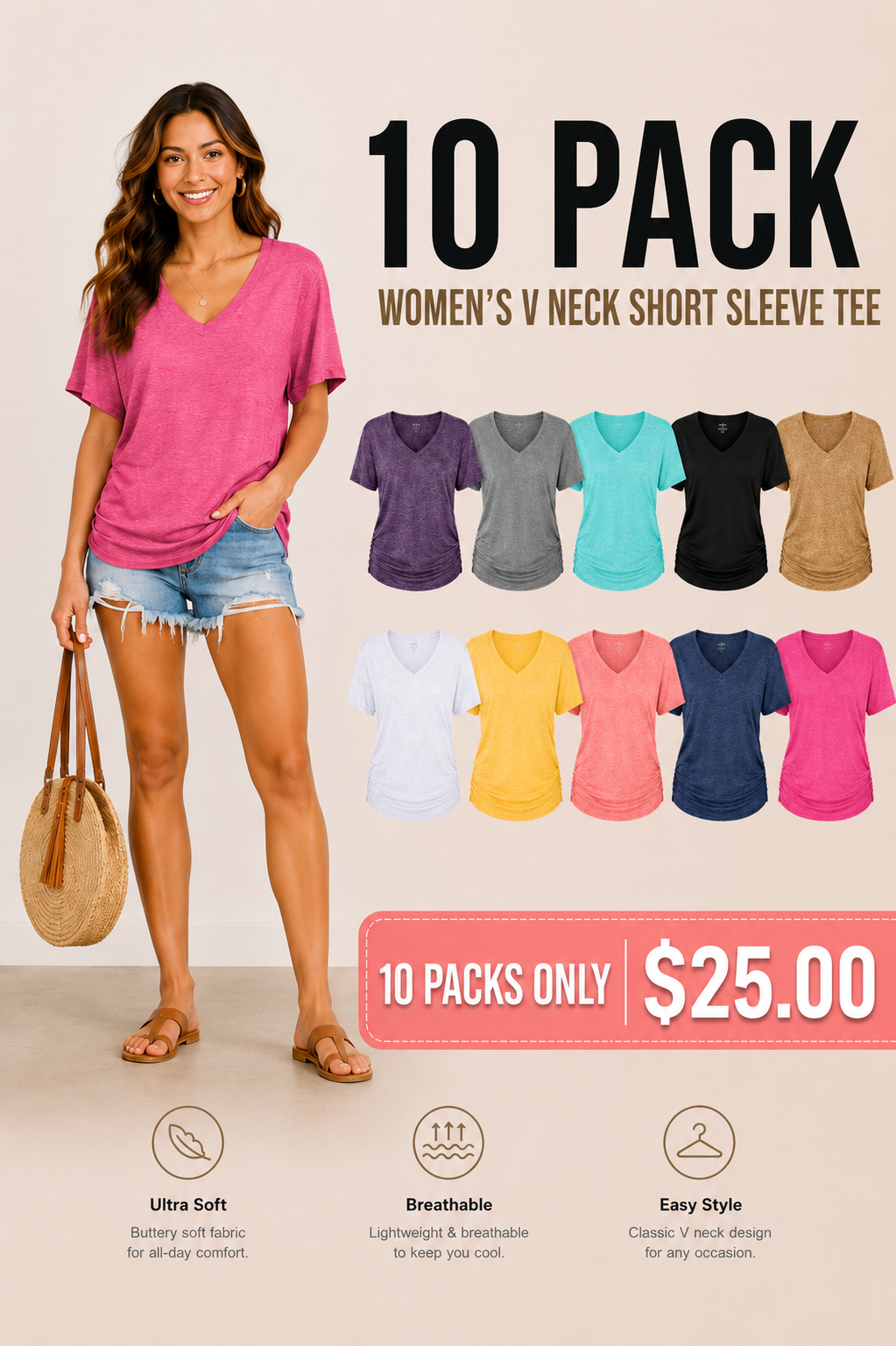Womens Short Sleeve V Neck Dolman Tops with Side Shirring Loose Fit Shirts