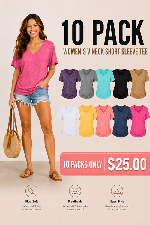 Womens Short Sleeve V Neck Dolman Tops with Side Shirring Loose Fit Shirts