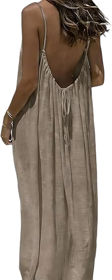 Women's Cotton Linen Backless Loose Dress