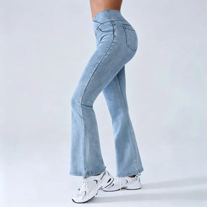Women's High-Waisted Stretch Jeans with Crossover Design — Slim-Fit Flared Denim Leggings