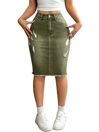 Women's Slim-Fit Ripped Denim Skirt