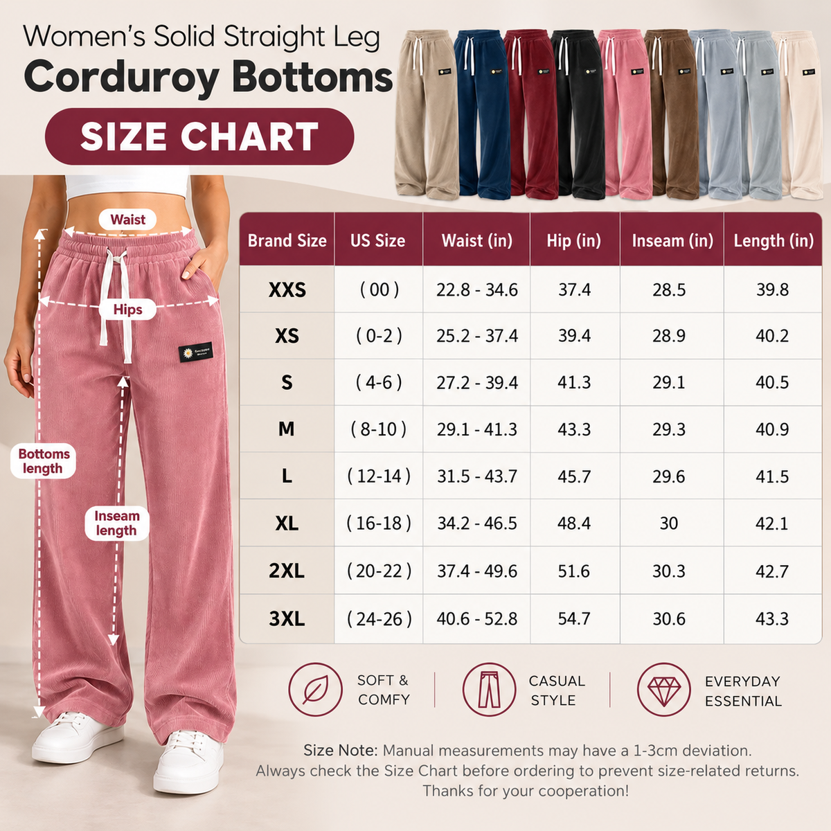 Women's Solid Straight Leg Corduroy Bottoms（yuan）