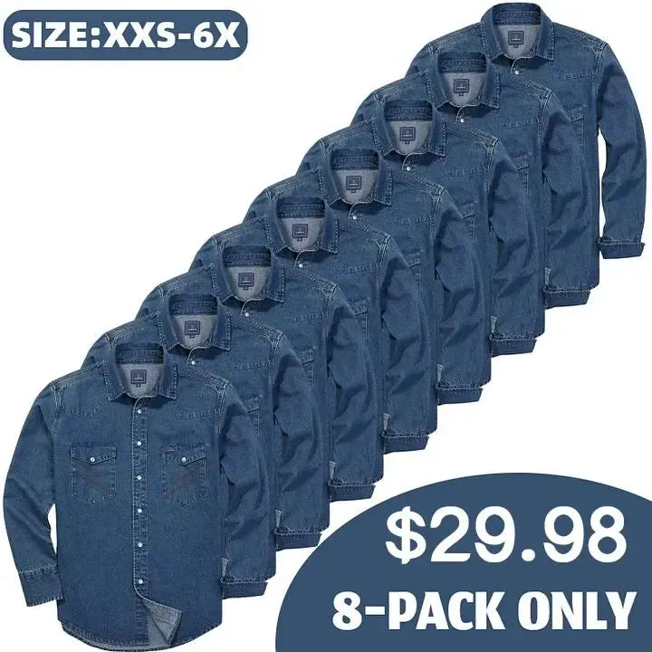 🔥🔥16-PACK-$38.8🔥Men's Long Sleeve Stone-Washed and Pre-Washed Denim Work Shirt