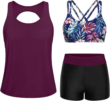 🔥BIG SALE, limited stock 🔥3 Piece Tankini Swimsuits for Women Bathing Suits with Boy Shorts and Swim Tank Top Bra Modest Swimwear