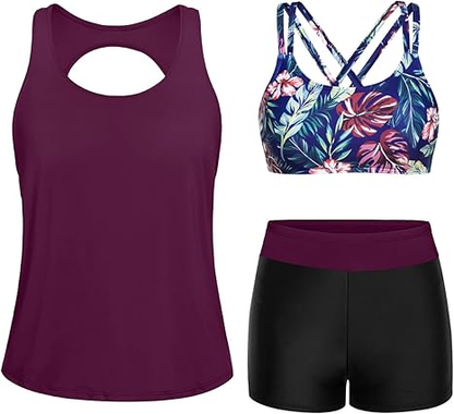 🔥BIG SALE, limited stock 🔥3 Piece Tankini Swimsuits for Women Bathing Suits with Boy Shorts and Swim Tank Top Bra Modest Swimwear