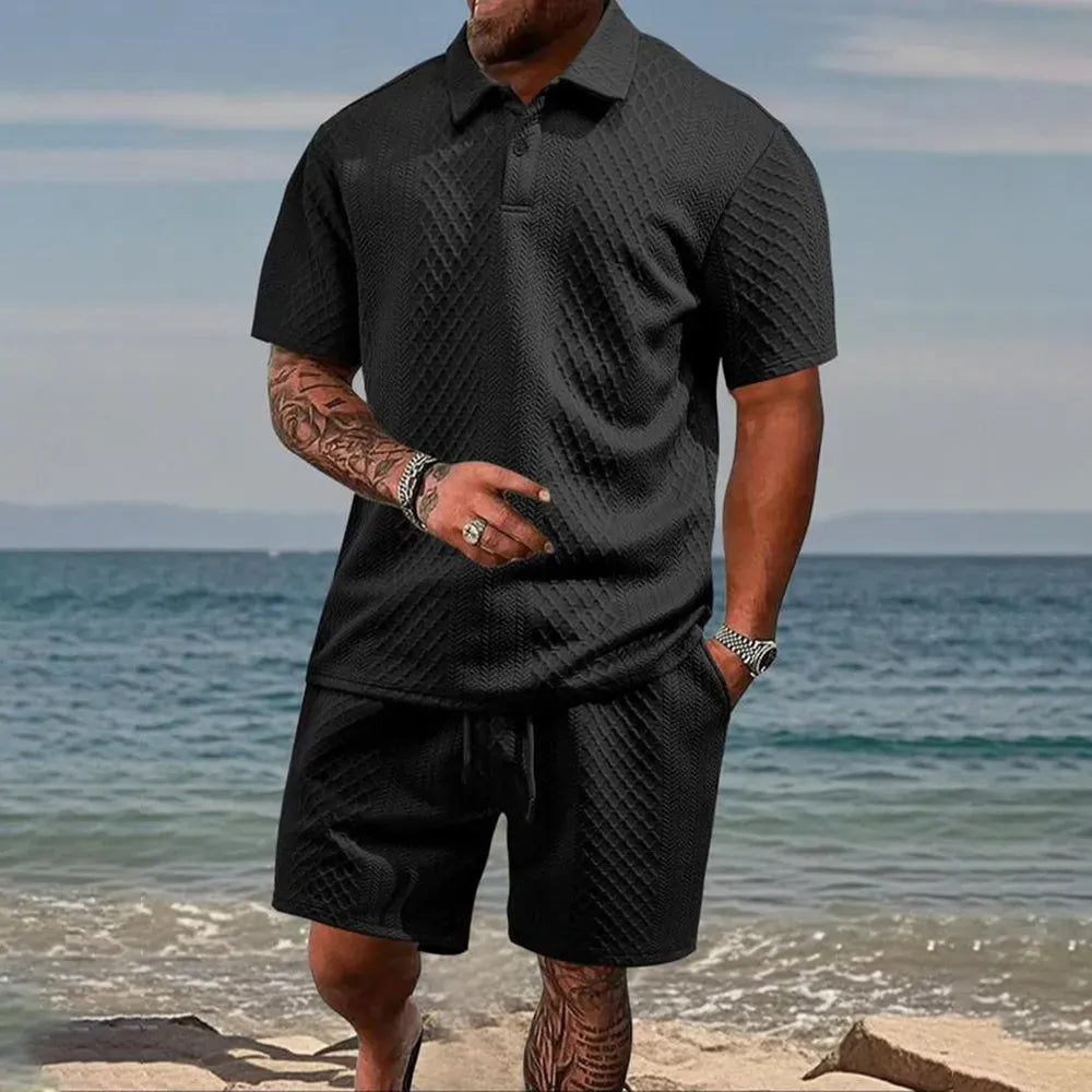 Men's Solid Polo Shirt & Drawstring Waist Shorts Set