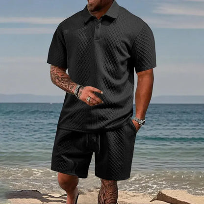 Men's Solid Polo Shirt & Drawstring Waist Shorts Set