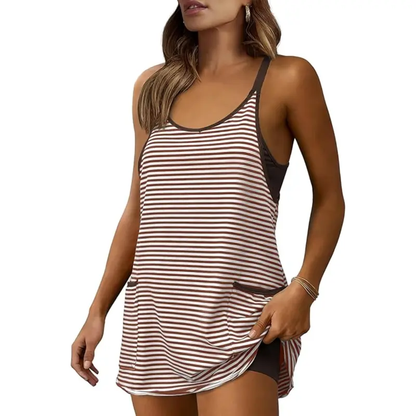 Women's Summer Athletic Mini Dress with Built-in Shorts – Sleeveless V-Neck Striped Casual Dress for Gym, Beach & Everyday Wear