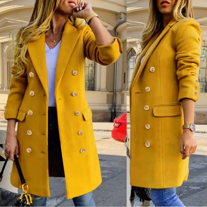 Women's Fitted Long-Sleeve Double-Breasted Wool-Blend Midi Pea Coat