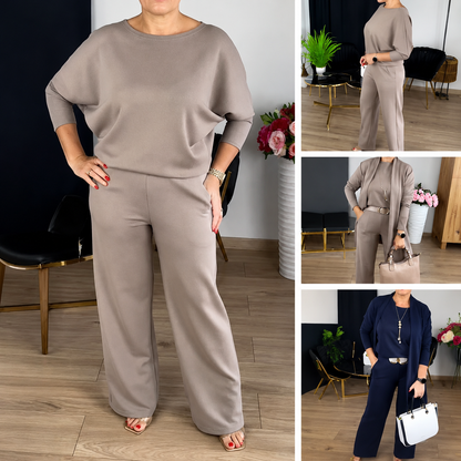 Elegant 3-piece set including long cardigan, top and pants