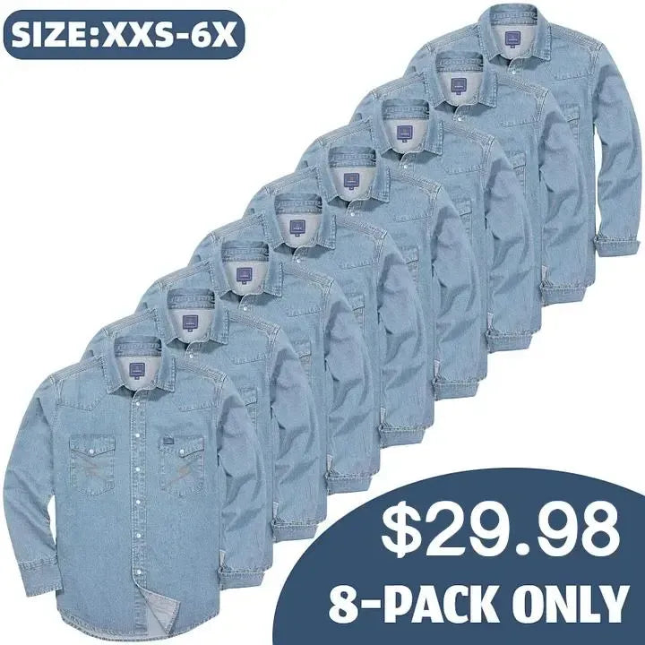 🔥🔥16-PACK-$38.8🔥Men's Long Sleeve Stone-Washed and Pre-Washed Denim Work Shirt
