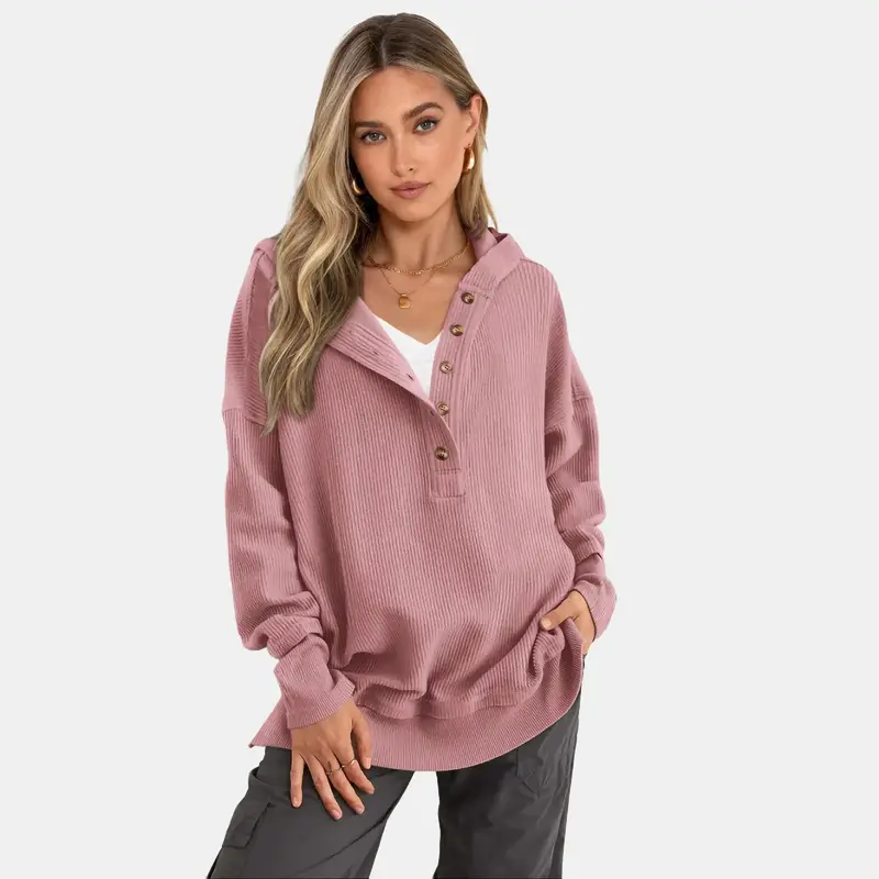 Women's Oversized V-Neck Button Sweatshirt