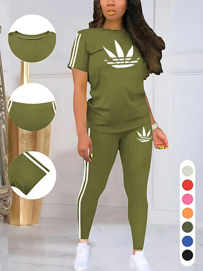 Women's Drawstring Short Sleeve and Long Pants Two-Piece Set