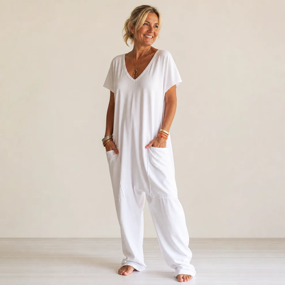 Women's Solid Color V-Neck Oversized Pocket Low Waist Overall Jumpsuit