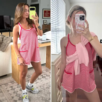 Women's Summer Athletic Mini Dress with Built-in Shorts – Sleeveless V-Neck Striped Casual Dress for Gym, Beach & Everyday Wear