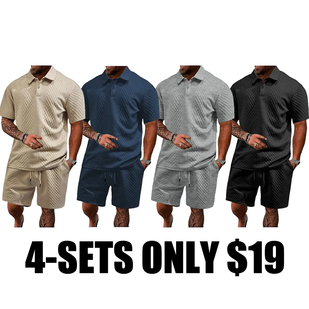 Men's Solid Polo Shirt & Drawstring Waist Shorts Set