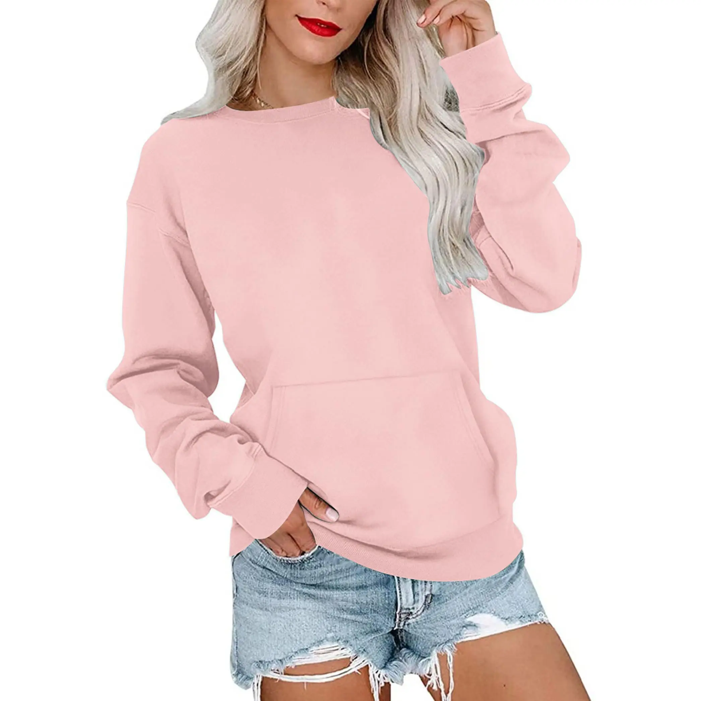 Women's Oversized Crewneck Sweatshirt with Kangaroo Pocket