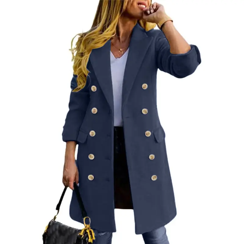 Women's Fitted Long-Sleeve Double-Breasted Wool-Blend Midi Pea Coat