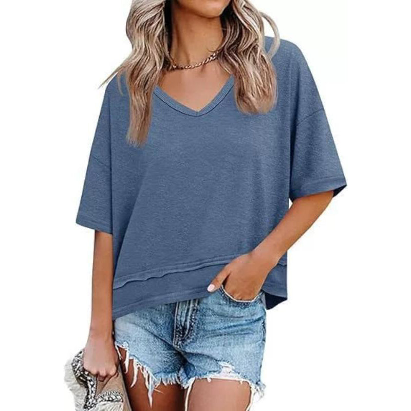 Women's V-neck Mid-length Sleeve Spliced Hem Basic Top