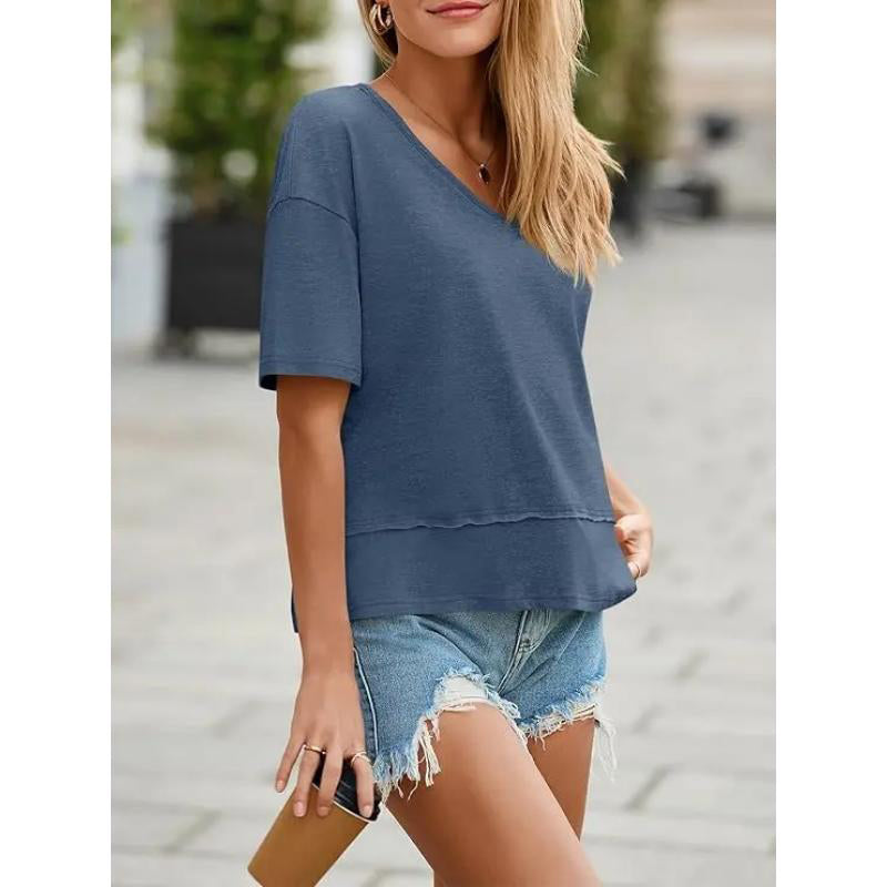 Women's V-neck Mid-length Sleeve Spliced Hem Basic Top