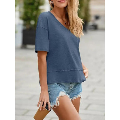 Women's V-neck Mid-length Sleeve Spliced Hem Basic Top