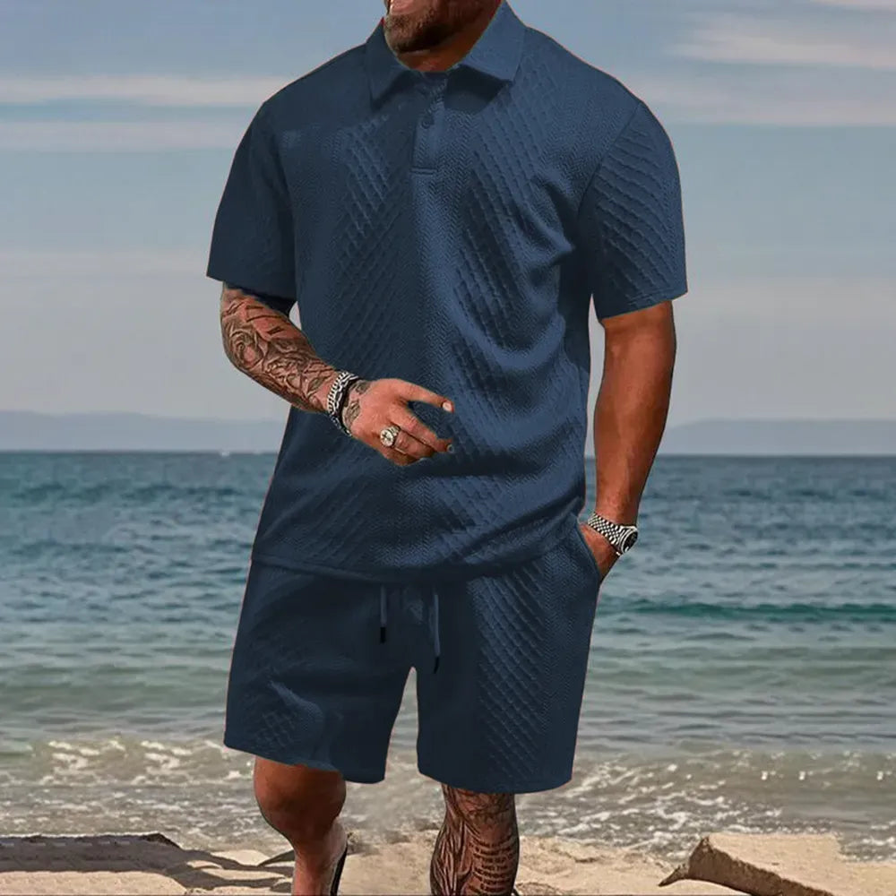 Men's Solid Polo Shirt & Drawstring Waist Shorts Set