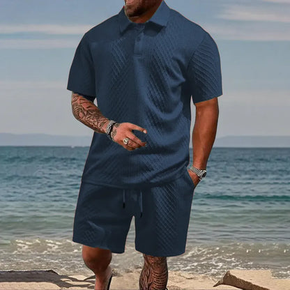 Men's Solid Polo Shirt & Drawstring Waist Shorts Set