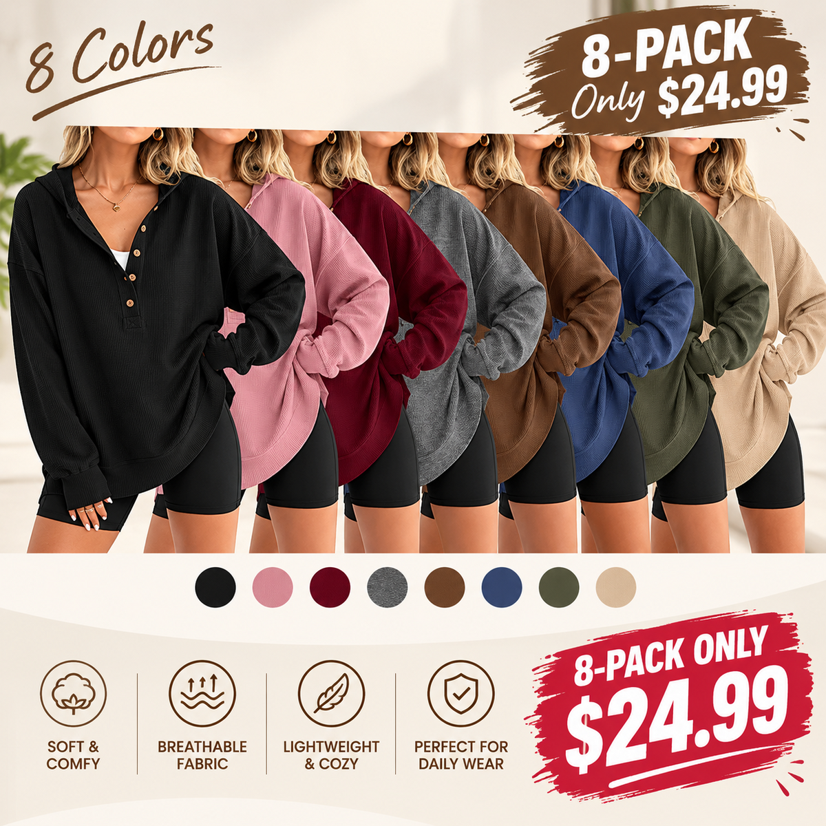 Women's Oversized Button V-Neck Hoodie Sweatshirt Long Sleeve Side Slit Casual Fall Pullover Top