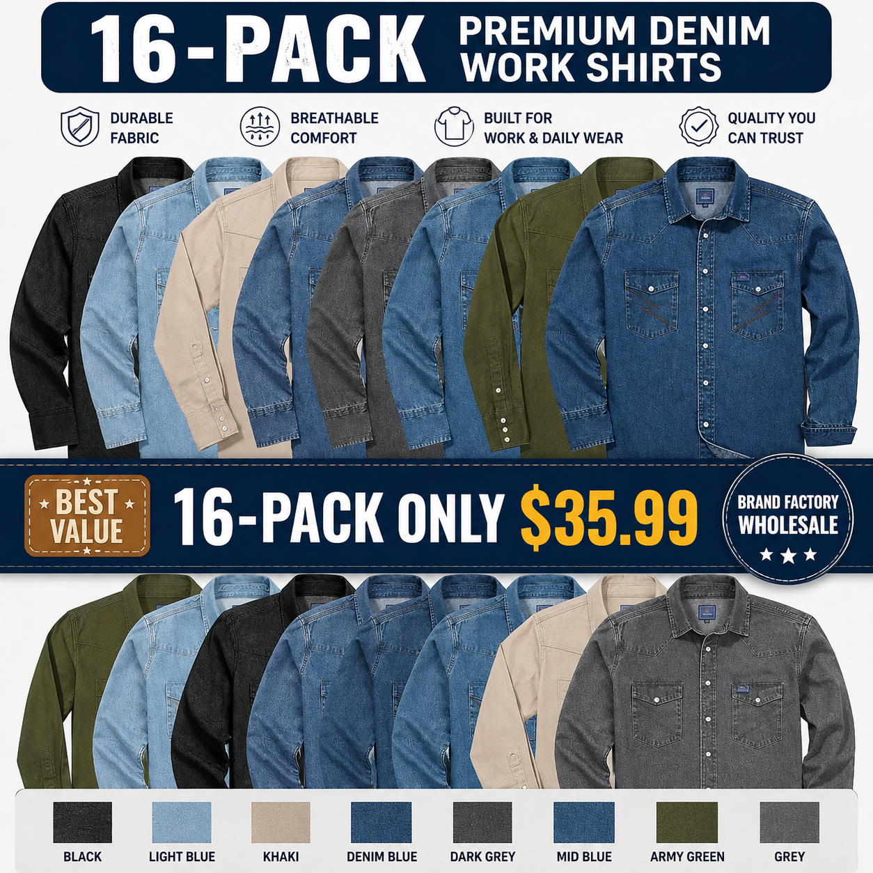 ✨Hot Sale✨Men's Long Sleeve Stone-Washed and Pre-Washed Denim Work Shirt