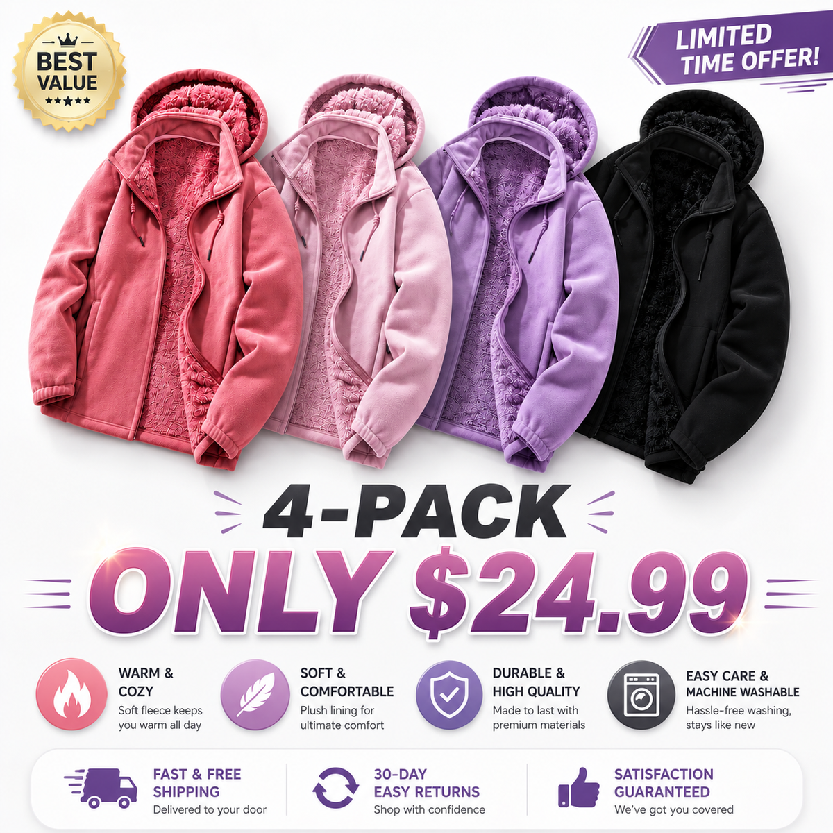 Women's Detachable Hood Fleece Cardigan Jacket, Thick Lined Warm Casual Coat, Stylish Loose Outerwear