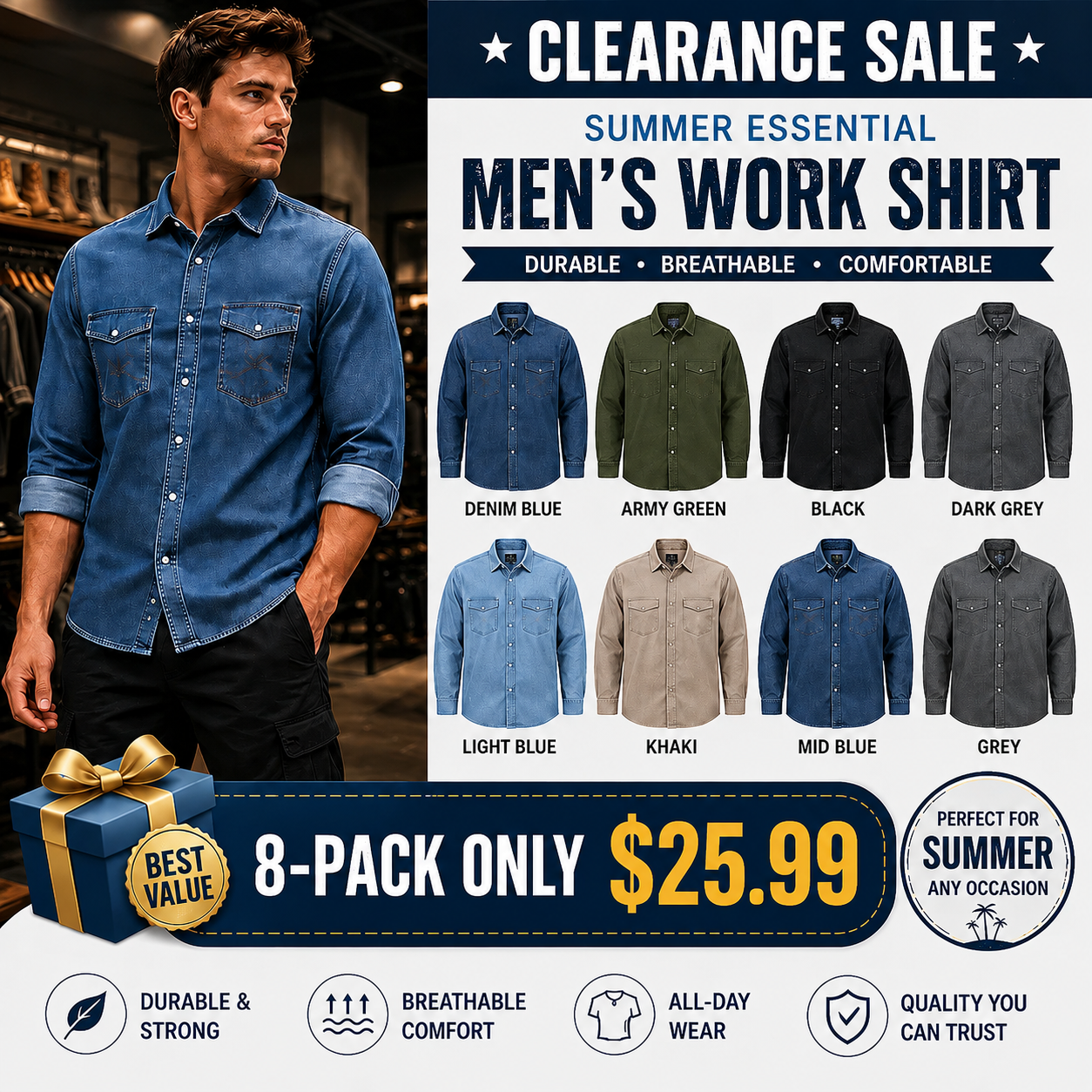 ✨Hot Sale✨Men's Long Sleeve Stone-Washed and Pre-Washed Denim Work Shirt